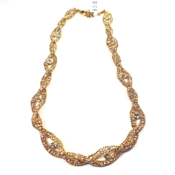 Gold Twisted Link Necklace w/ Sparkling Crystals – Adjustable 20" Statement - Picture 3 of 7